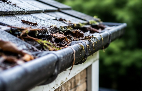 Blocked gutter filled with leaves and roof debris before cleaning