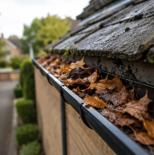 Leaves collecting in a gutter during autumn maintenance