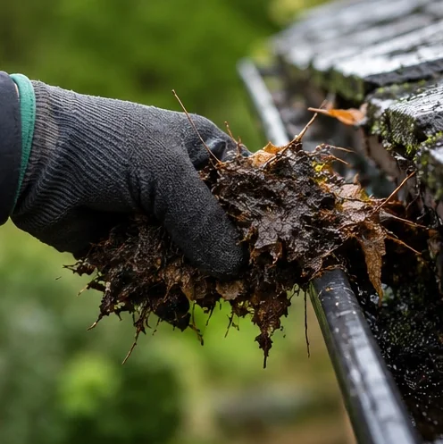 Gloved hand removing debris during gutter maintenance