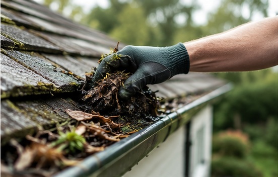 Close up of moss leaves and debris being removed from a gutter