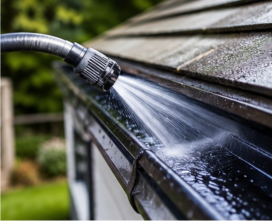 Water rinsing through a gutter to check clear rainwater flow