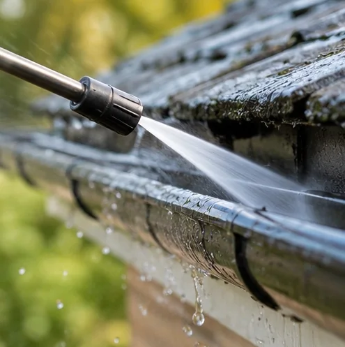 Rainwater flow through gutter checked during winter maintenance
