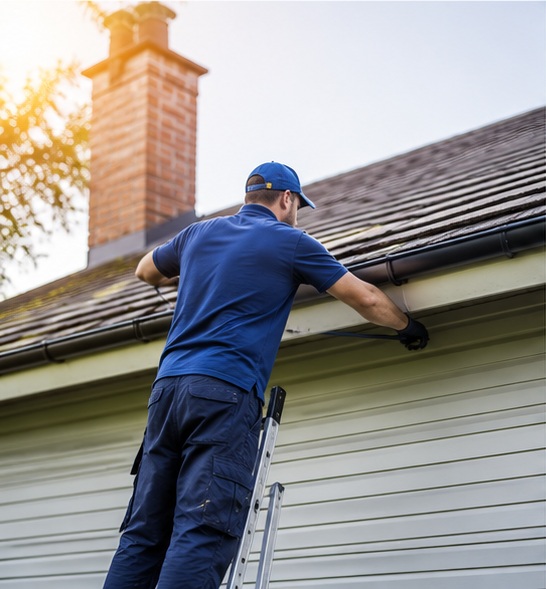 Gutter cleaning specialist working on a residential roofline