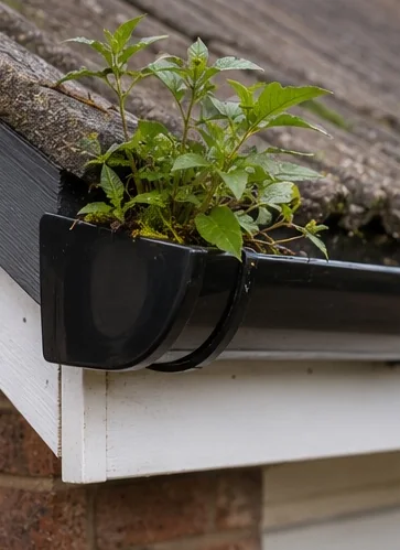 Plant growth in gutter corner checked during spring maintenance