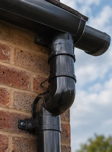 Downpipe and gutter connection reviewed during maintenance