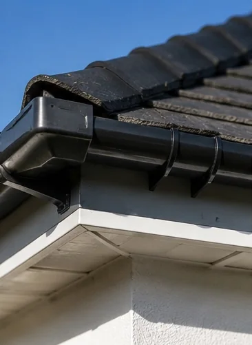 Clean gutter corner and roofline checked during gutter maintenance