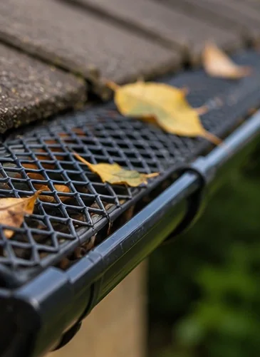Gutter guard with leaves checked during maintenance