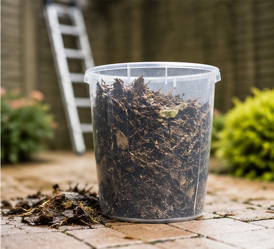 Bucket filled with removed gutter debris after cleaning