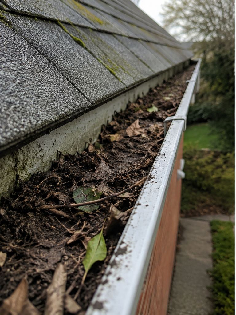 Dirty gutter before gutter cleaning with leaves and debris blocking the channel