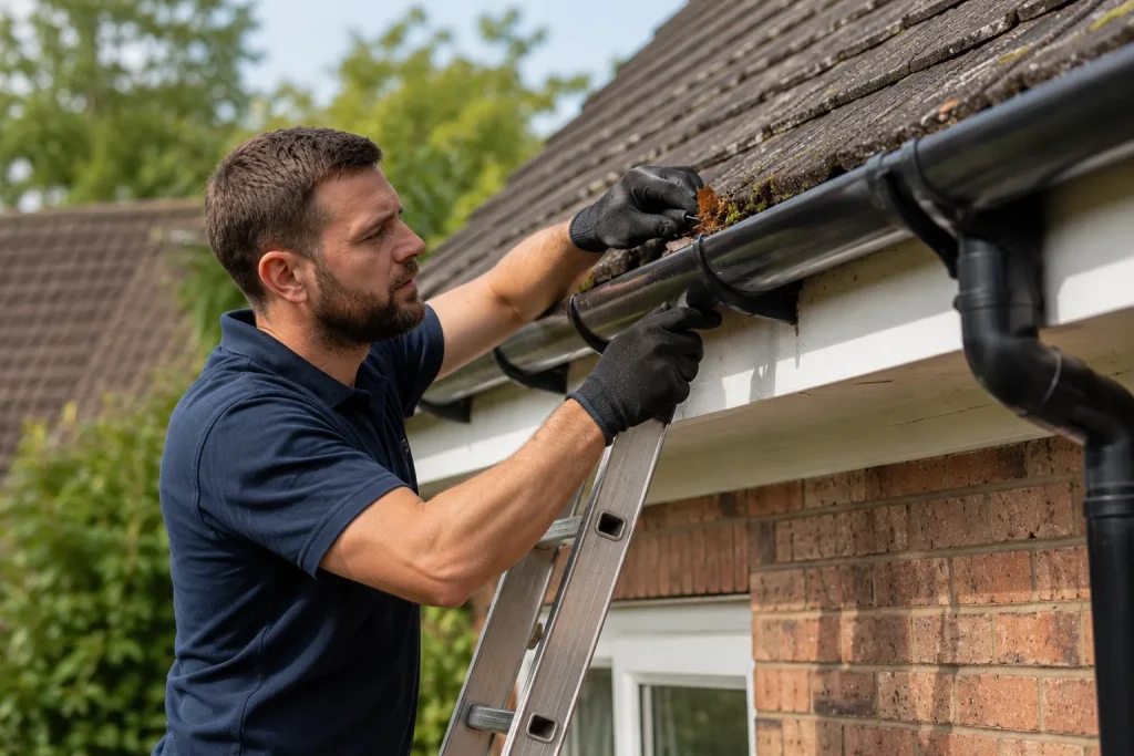 man completing gutter maintenance on a residential property